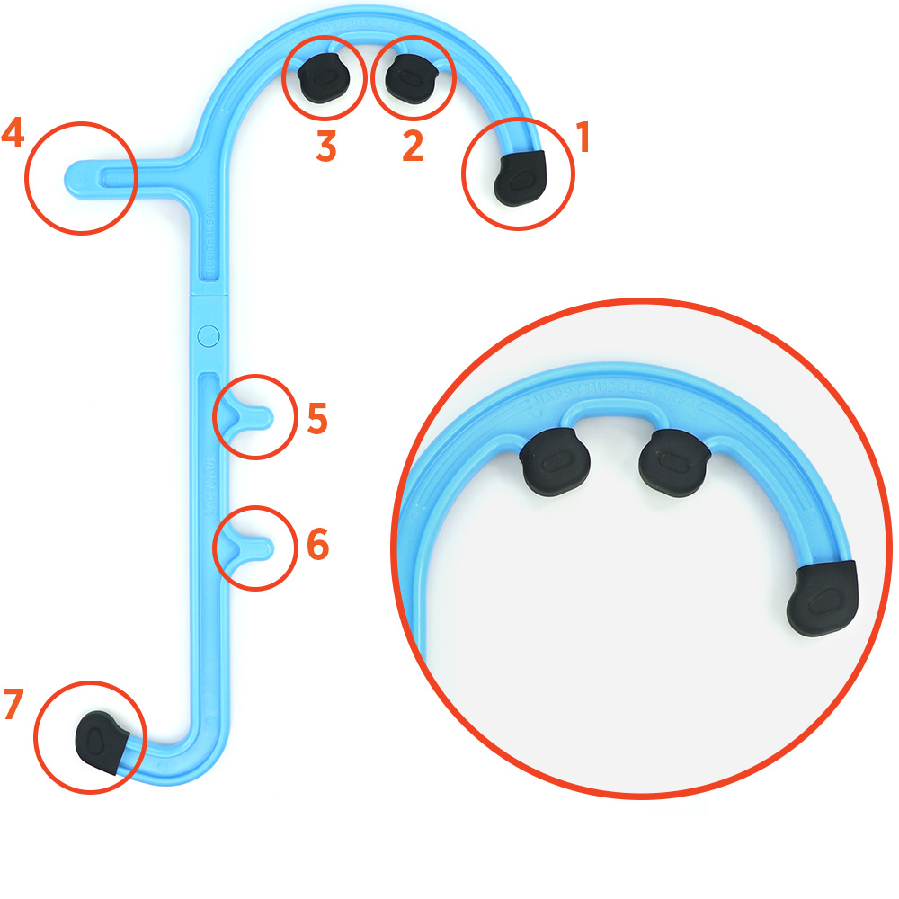 TigerCane_Nodes_Web Equipped with Seven Knot Buster Knobs featuring Tiger Tail's Gription, this tool effectively grips fascia and digs deeper into the muscle, releasing stubborn knots.
