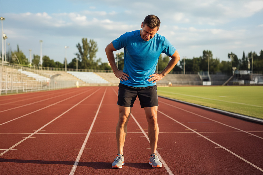A male runner in his 30s stands on a track, grimacing. He clutches his left hip flexor area with his left hand, just below his hip bone, where a sharp pain has stopped him mid-stride. His right hand is on his right hip. Dressed in standard running gear—a breathable tech t-shirt and short running shorts—he leans over, trying to stretch the tight muscle. The pain is intense enough that it has completely halted his workout. The setting is an outdoor running track.