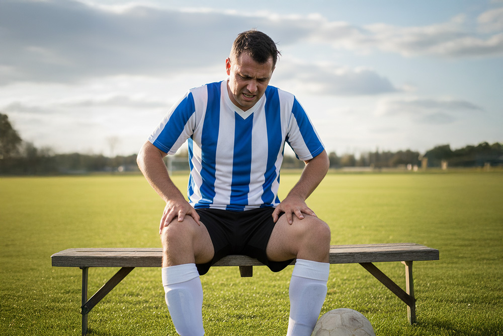 Soccer player sitting on bench.